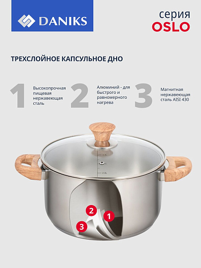 Набор посуды нержавеющая сталь, 10 предметов, кастрюли 2.9,3.9,6 л, ковш 2.1 л, сковорода 24 см, индукция, Daniks, Осло, GS-01147-10PC