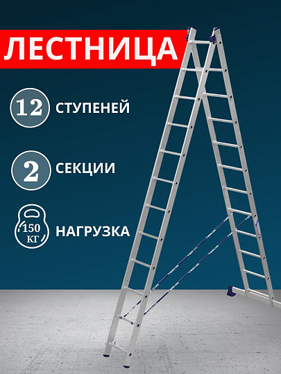 Лестница 2 секции, 12 ступеней, алюминий, 5.62 м, 150 кг, Alumet, 5212