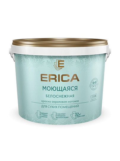 Краска водно-дисперсионная, Erica, акриловая, универсальная, моющаяся, влагостойкая, матовая, белая, 4.5 кг