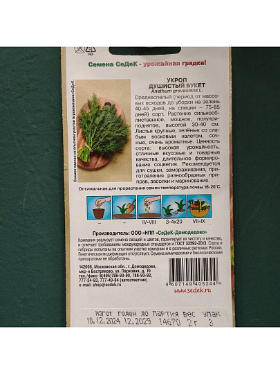 Семена Укроп, Душистый букет, 2 г, цветная упаковка, Седек