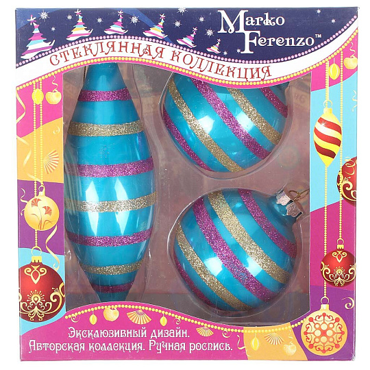 Набор елочных украшений Marko Ferenzo, Красочный, 3 шт, бирюзовый, красный, золотой, 7 см, стекло, шары и сосулька, 38123