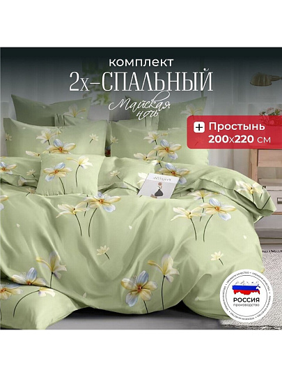 Постельное белье 2-спальное, простыня 200х220 см, 2 наволочки 70х70 см, пододеяльник 175х215 см, Майская ночь, полисатин, Цветы, зеленый 20/170AC