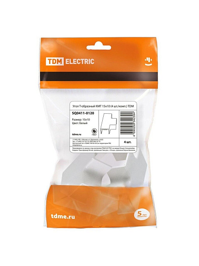 Угол Т-образный пластик, 15х10 мм, 4 шт, белый, TDM Electric, КМТ, SQ0411-0120