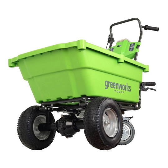 Тележка садовая трехколесная, пластик, 100 кг, 106 л, да, АКБ И ЗУ, 40V, 4A.ч, Greenworks, G40GCK4, 7400007UB