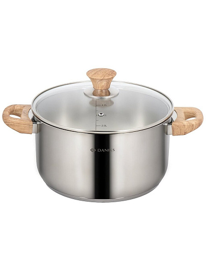 Кастрюля нержавеющая сталь, 6 л, крышка стекло, Daniks, Осло, GS-01147-24CA, индукция