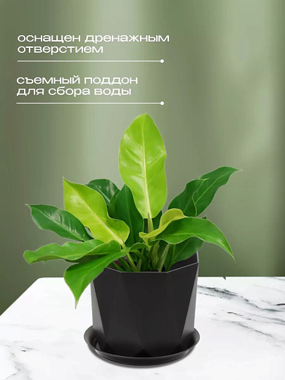 Кашпо пластик, 1 л, 13х11 см, для цветов, с поддоном, графит, Idea, Призма, М 3137