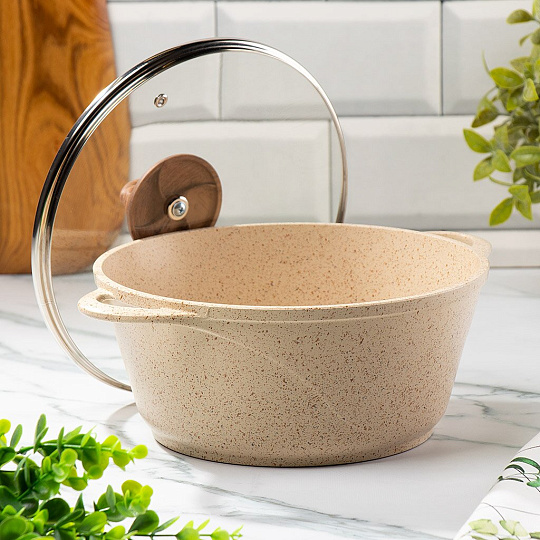 Кастрюля алюминий, антипригарное покрытие, 3 л, с крышкой, крышка стекло, Гурман, Estima, ГМк303 ЭБИ, бежевая, индукция