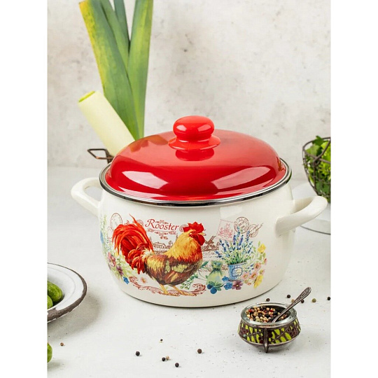 Кастрюля эмалированная сталь, 3 л, крышка сталь, Metrot, Золотой Петушок, 170585, красная, индукция