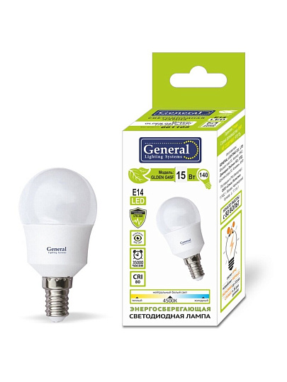 Лампа светодиодная E14, 15 Вт, 230 В, шар, 2700 К, теплый белый свет, General Lighting Systems, GLDE, 661104