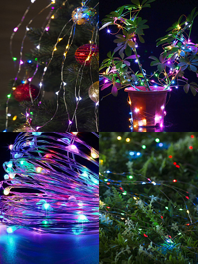 Гирлянда 100 ламп, 10 м, 1 режим, свет мультиколор, серебристая, в помещении, на батарейках, SY20L-08