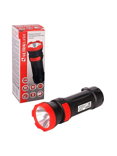 Фонарь ручной, встроенный аккумулятор, Ultraflash, LED3849, зарядка от сети 220 В, пластик, черный, 2 режима, 14931