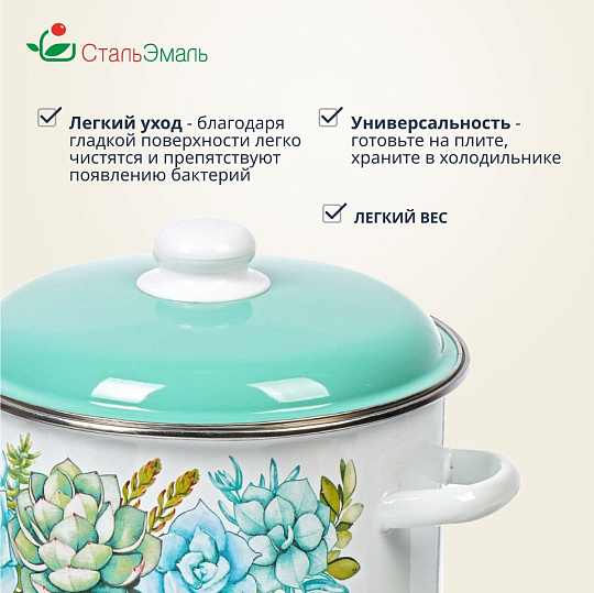 Кастрюля эмалированная сталь, 5.5 л, крышка сталь, цилиндрическая, СтальЭмаль, Монантес, 6RD221M