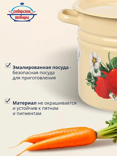 Кастрюля эмалированная сталь, 9 л, крышка сталь, цилиндрическая, Сибирские товары, Клубника садовая, С1622.П*59