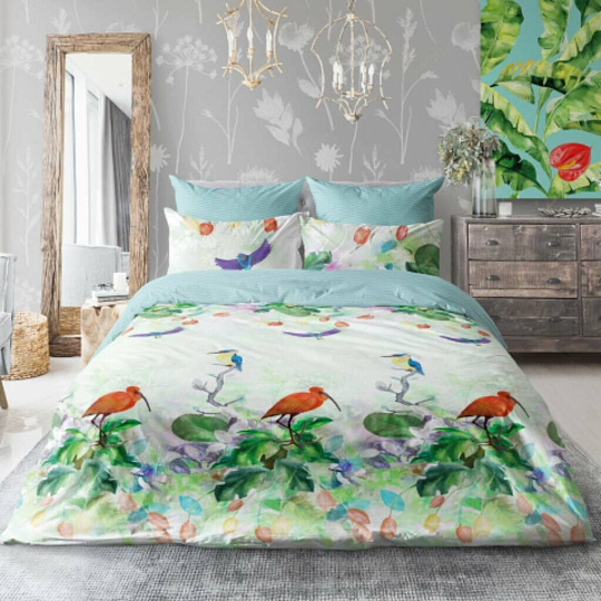 Постельное белье 2-спальное, простыня 220х240 см, 2 наволочки 70х70 см, 2 наволочки 50х70 см, пододеяльник 180х215 см, Love Me, перкаль, Тропики 20064+20065+4846/14
