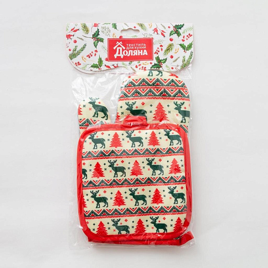 Набор кухонный 2 шт, 26х16 см + 17х17 см (варежка, прихватка), 100% полиэстер, Доляна, Олени, 4902056