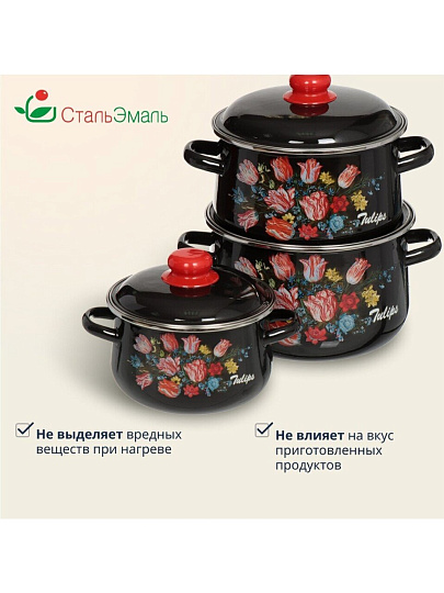 Набор посуды эмалированная сталь, 6 предметов, кастрюли 2,4,5.5 л, индукция, СтальЭмаль, Букет тюльпанов, 1с408
