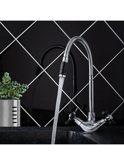 Смеситель для кухни, РМС, гибкий излив, с кран-буксой, черный, SL92BL-279F