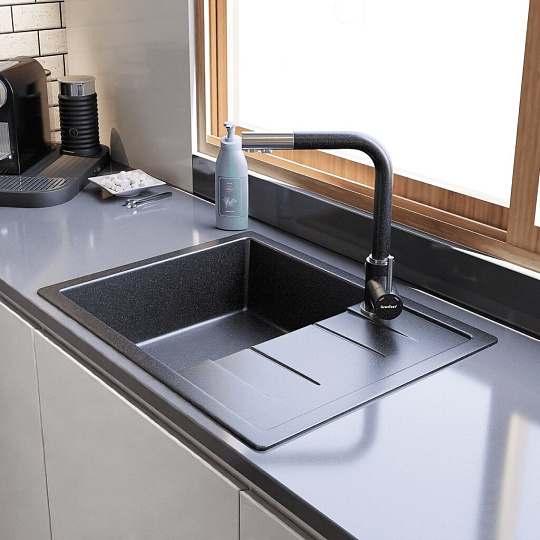 Мойка кухонная врезная, GranFest, Quadro, искусственный мрамор, 650х500 мм, + сифон, черная, GF-Q-650L