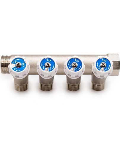 Коллектор 3/4"х1/2", латунь, 4 выхода, вентиль, РосТурПласт
