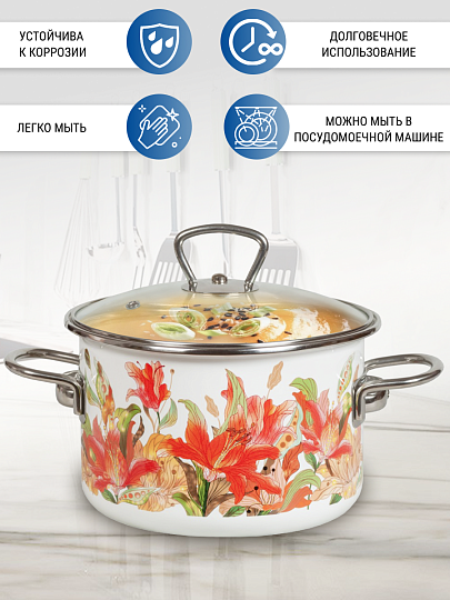 Кастрюля эмалированная сталь, 4 л, крышка стекло, цилиндрическая, Vitross, Lilianna, 1SD205S, индукция