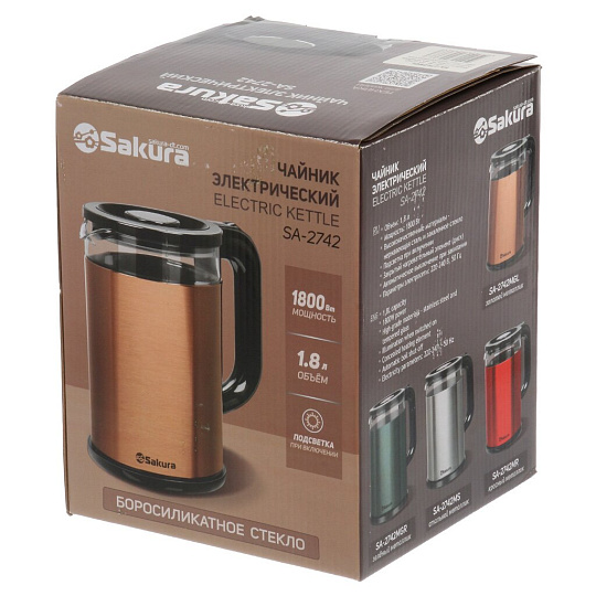Чайник электрический Sakura, SA-2742MGL, 1.8 л, 1800 Вт, скрытый нагревательный элемент, стекло, нержавеющая сталь, пластик