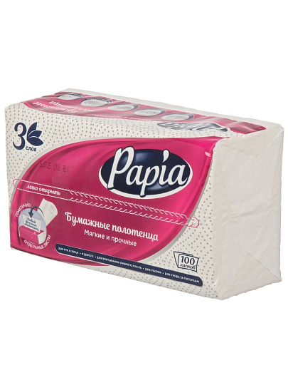 Полотенце бумажное 3 слоя, 100 штук, Papia, 5090823