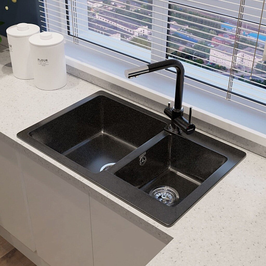 Мойка кухонная врезная, GranFest, Practik, искусственный мрамор, 780x510 мм, + сифон, черная, GF-P-780K