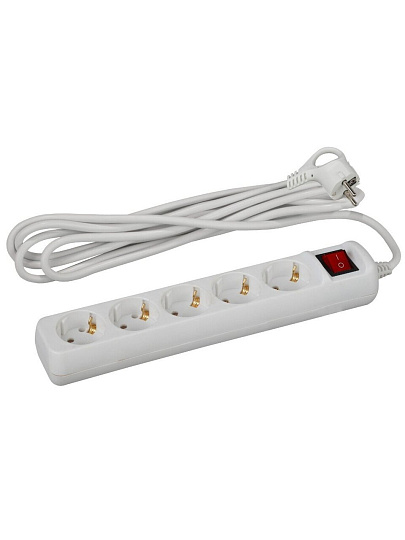 Удлинитель бытовой 5 гнезд, 1.5 м, ПВС, 3х0.75 мм², с заземлением, 10 А, выключатель, Эра, UX-5es-1,5m, Б0035756