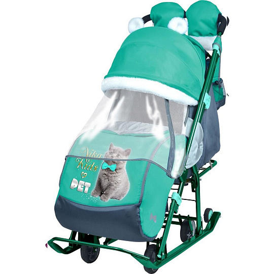 Санки-коляска Ника детям, НД7-2, выдвижные колеса, козырек с ушами, регулируемая спинка, сумка, рукав, тент, Nika