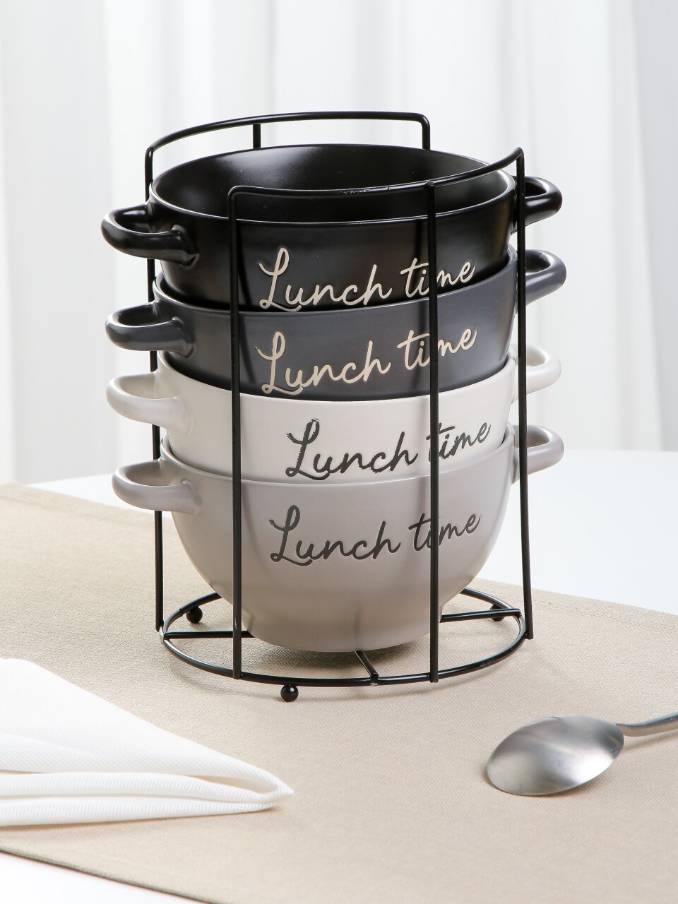 Бульонница керамика, 4 шт, 650 мл, с ручкой, металлическая подставка, Время ланча, ТМ Глория, 202427