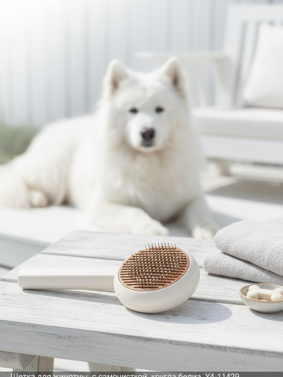 Щетка для вычесывания животных с самоочисткой, круглая, белая, Y4-11429