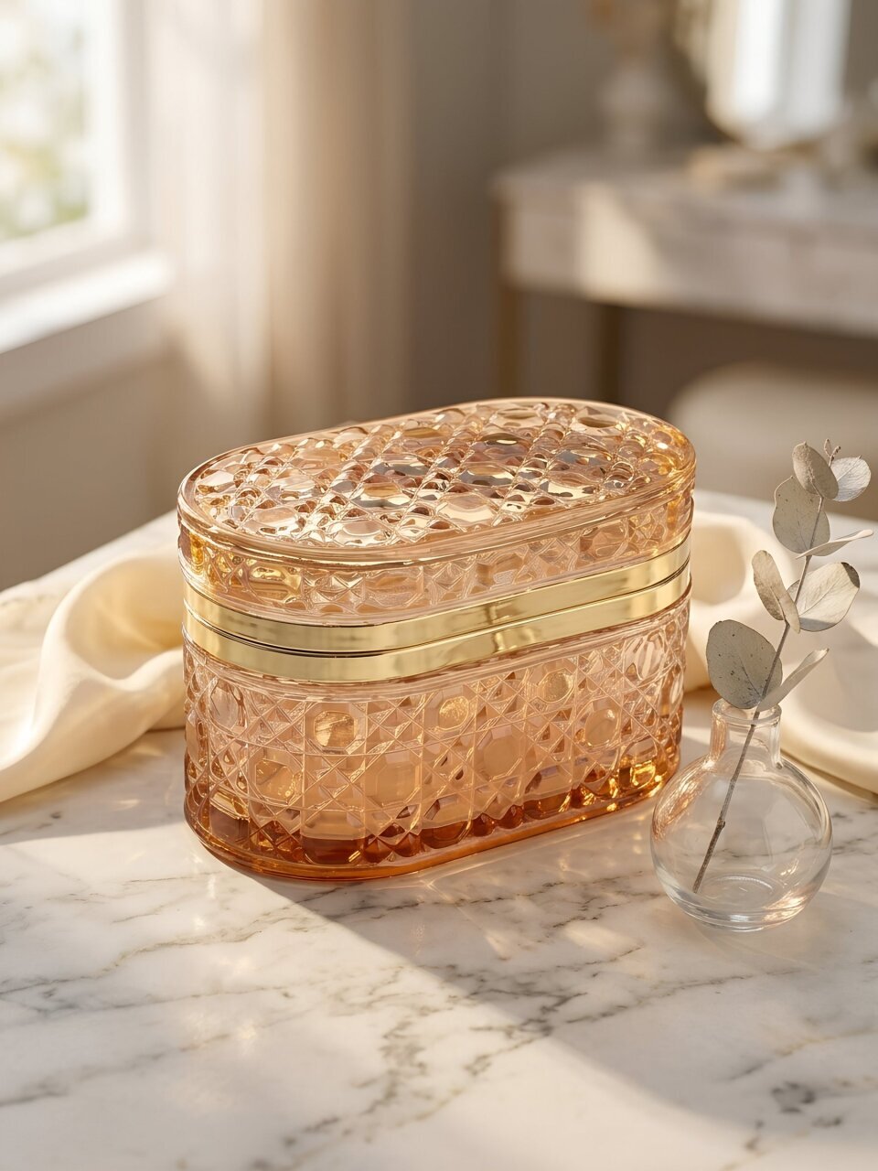 Шкатулка декоративная, стекло, овальная, с крышкая, янтарный, золотая, Оливия, Fancy104