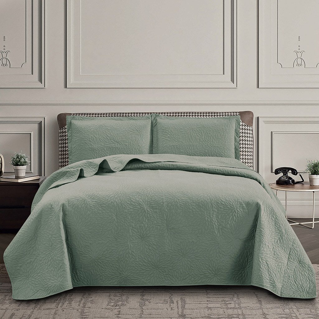 Текстиль для спальни евро, покрывало 230х250 см, 2 наволочки 50х70 см, Silvano, Астра, зеленые