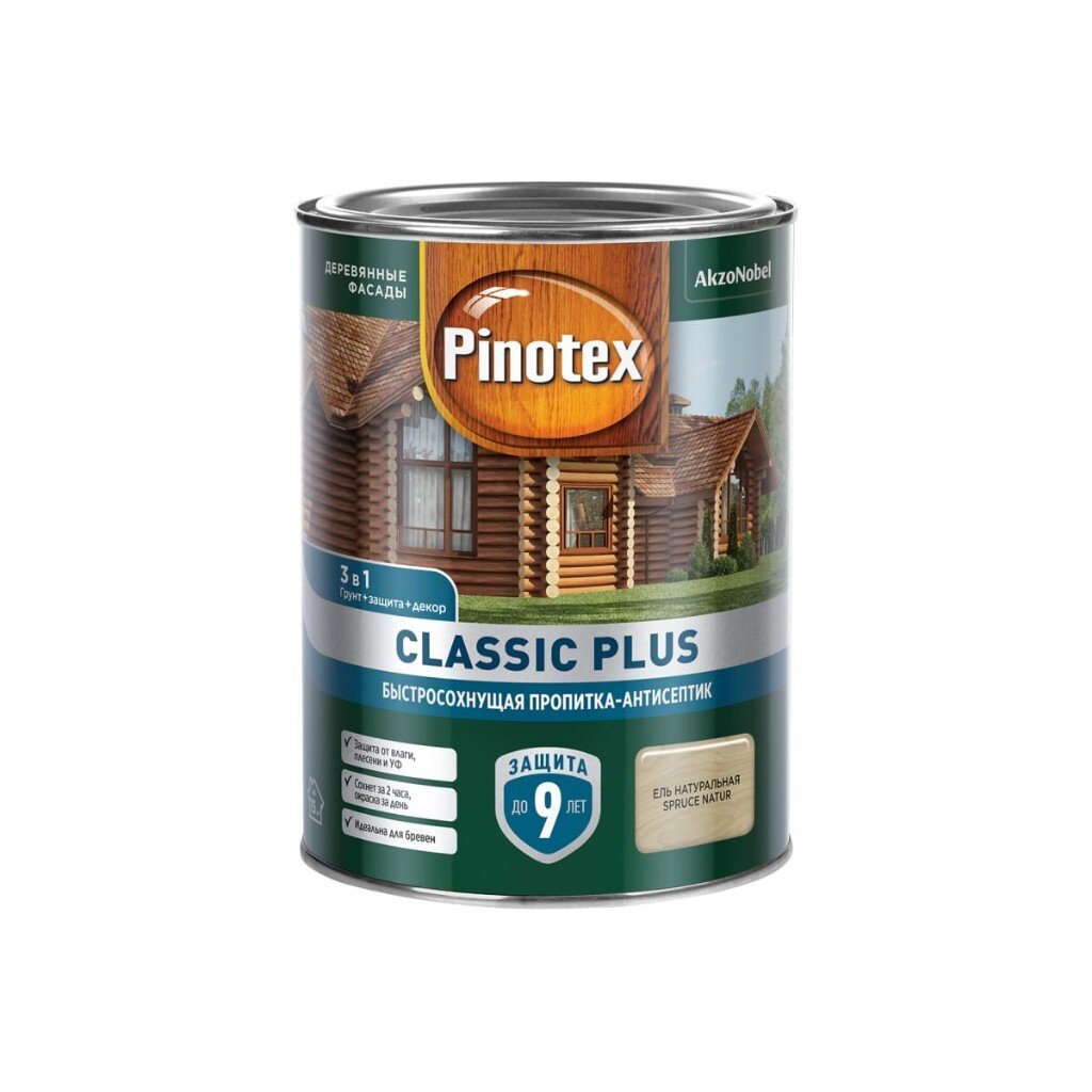 Пропитка Pinotex, Classic Plus, для дерева, антисептик, цвет натуральный, 0.9 л антисептик pinotex standard plus полуматовый тик 0 9 л
