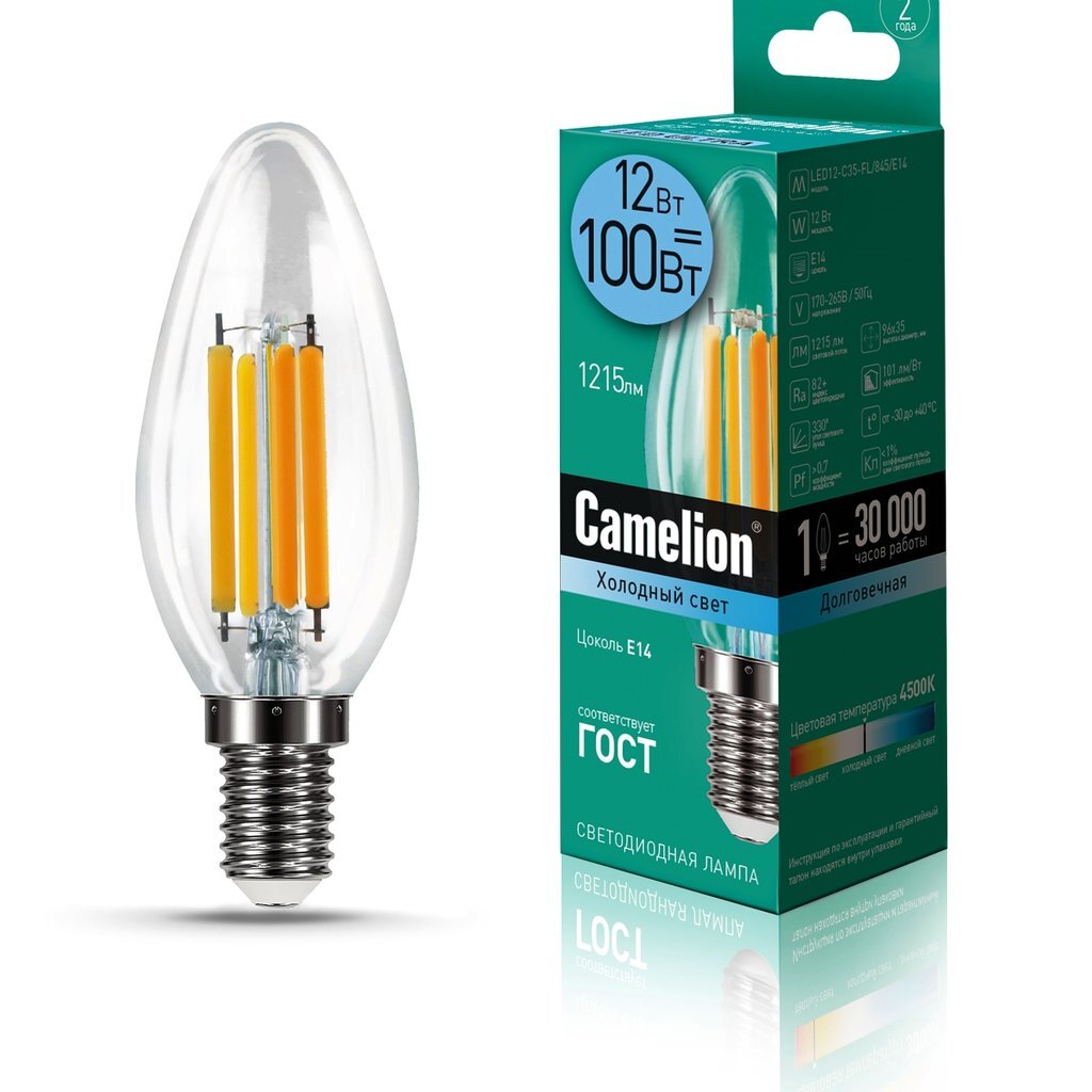 Лампа светодиодная 12Вт 220В 4500К Camelion LED12-C35-FL/845/E14