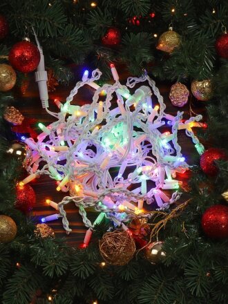 Гирлянда 120 ламп, 3х0.6 м, 1 режим, Бахрома, свет мультиколор, белая, на улице, сетевая, LED