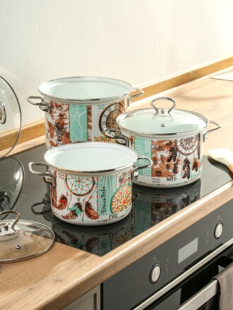 Набор посуды эмалированная сталь, 6 предметов, 1.9, 2.5, 5 л, индукция, Керченский металлургический завод, Бохо-5-1-Элит, белый