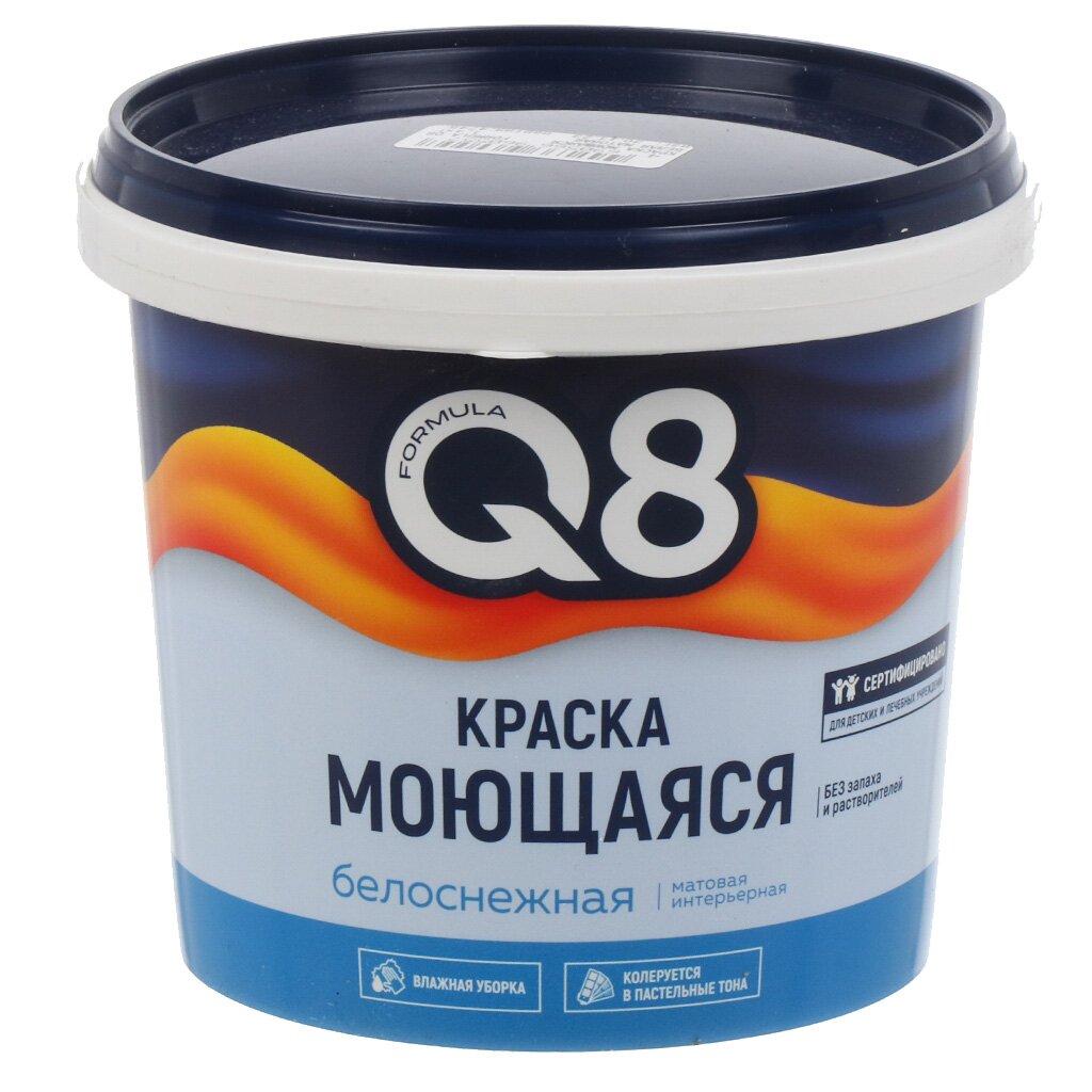 Краска воднодисперсионная, Formula Q8, акриловая, универсальная, моющаяся, влагостойкая, матовая, белоснежная, 1.4 кг