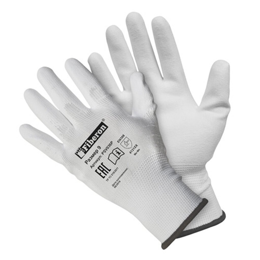 Перчатки полиэстер, полиуретановый облив, 9 (L), Fiberon перчатки кислотощелочестойкие латексный облив 10 xl защита до 70 80% тип 1