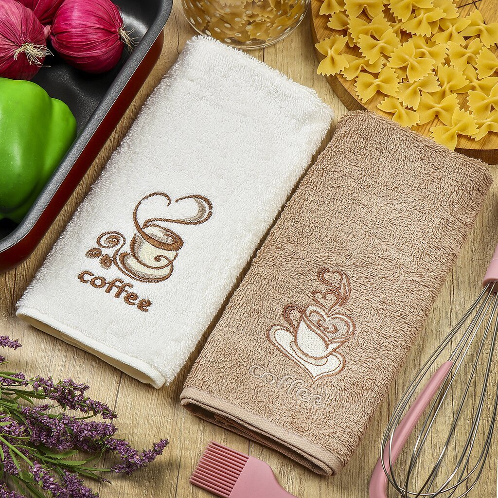 Набор полотенец кухонных 2 шт, 30х50 см, махровый, Кружка кофе, белый, коричневый, Турция, FTS-T2-3
