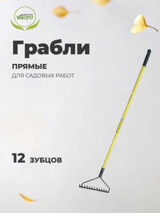 Грабли прямые, 12 зуб, металл, 32 см, Инструм-Агро, садовые, черенок металлический, 030219