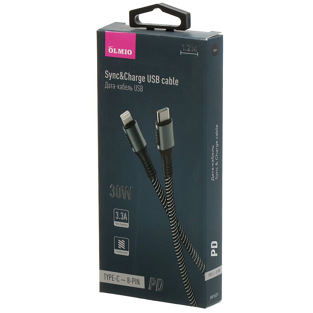 Кабель USB, OLMIO, Type-C to Lightning 8-pin, 3.3 А, 1.2 м, ткань усиленный, черный, 041631