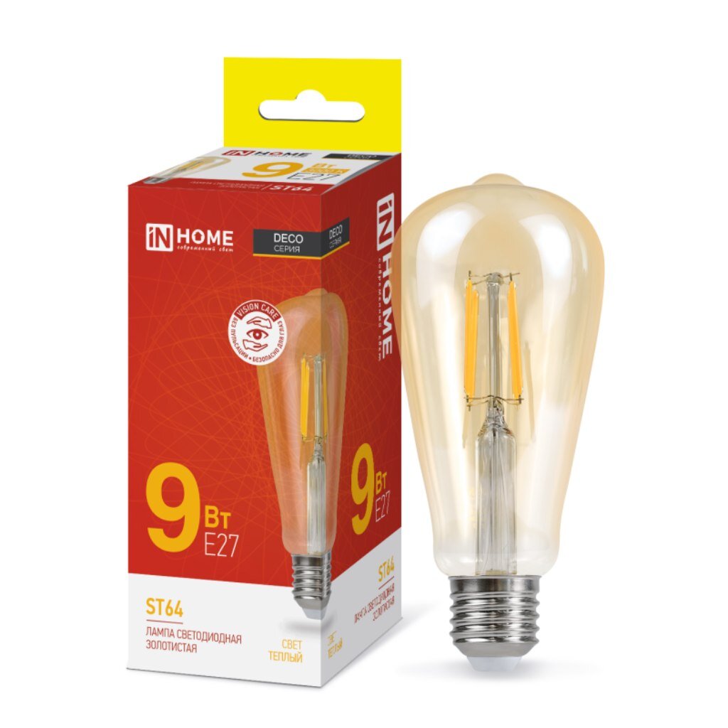 Лампа светодиодная E27, 9 Вт, 90 Вт, 230 В, груша, нитевидная, 3000 К, свет теплый белый, In Home, LED-ST64-deco gold, золотистая