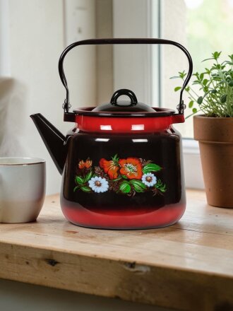 Чайник сталь, эмалированное покрытие, 3.5 л, металл, СтальЭмаль, Шиповник, индукция, черный, 1с26я