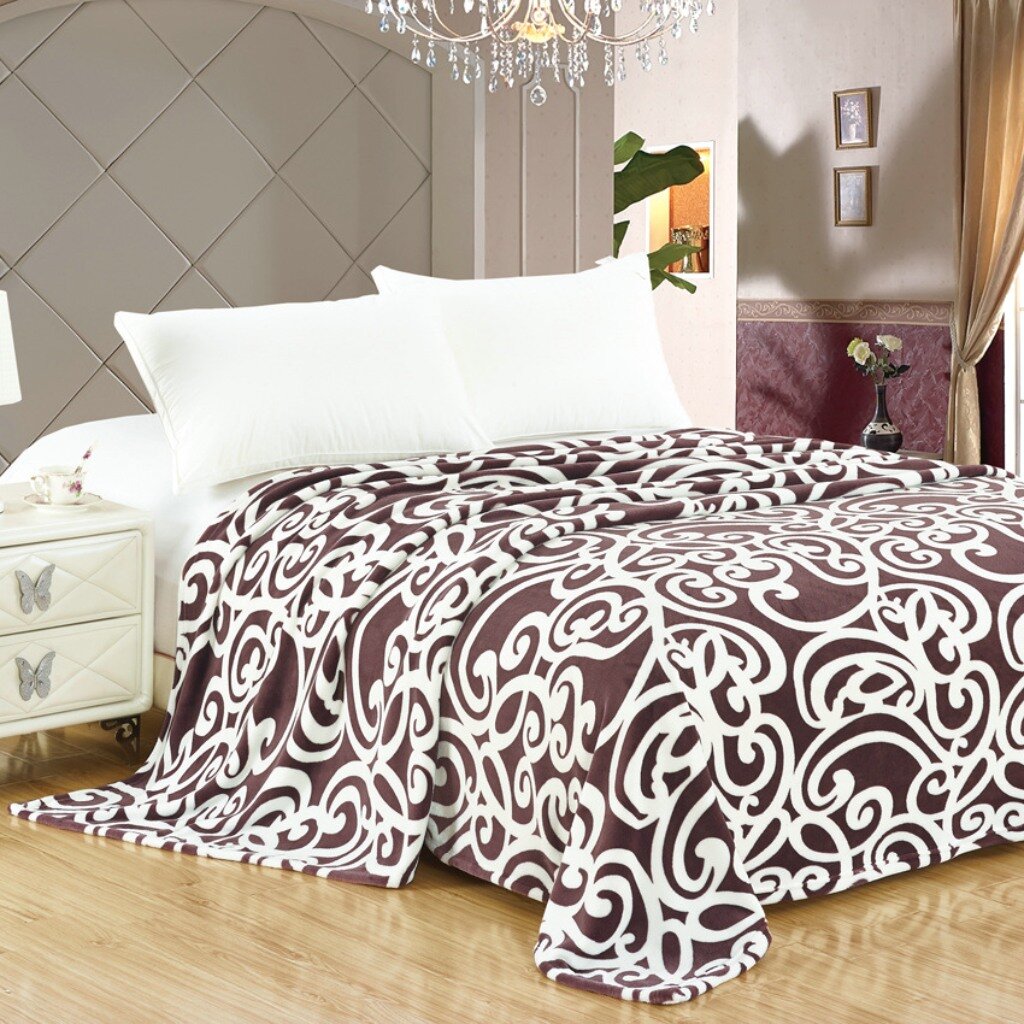 Плед 2-спальный, 180х200 см, микрофибра, 100% полиэстер, Silvano, Вензеля, бело-коричневый, sp-03