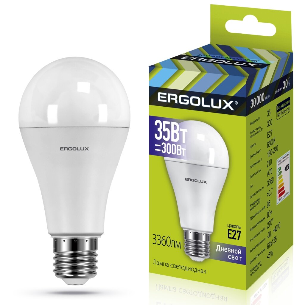 Лампа светодиодная E27, 35 Вт, 300 Вт, груша, 6500 К, свет дневной, Ergolux лампа светодиодная e27 12 вт 100 вт 220 в груша 4500 к свет холодный белый ergolux