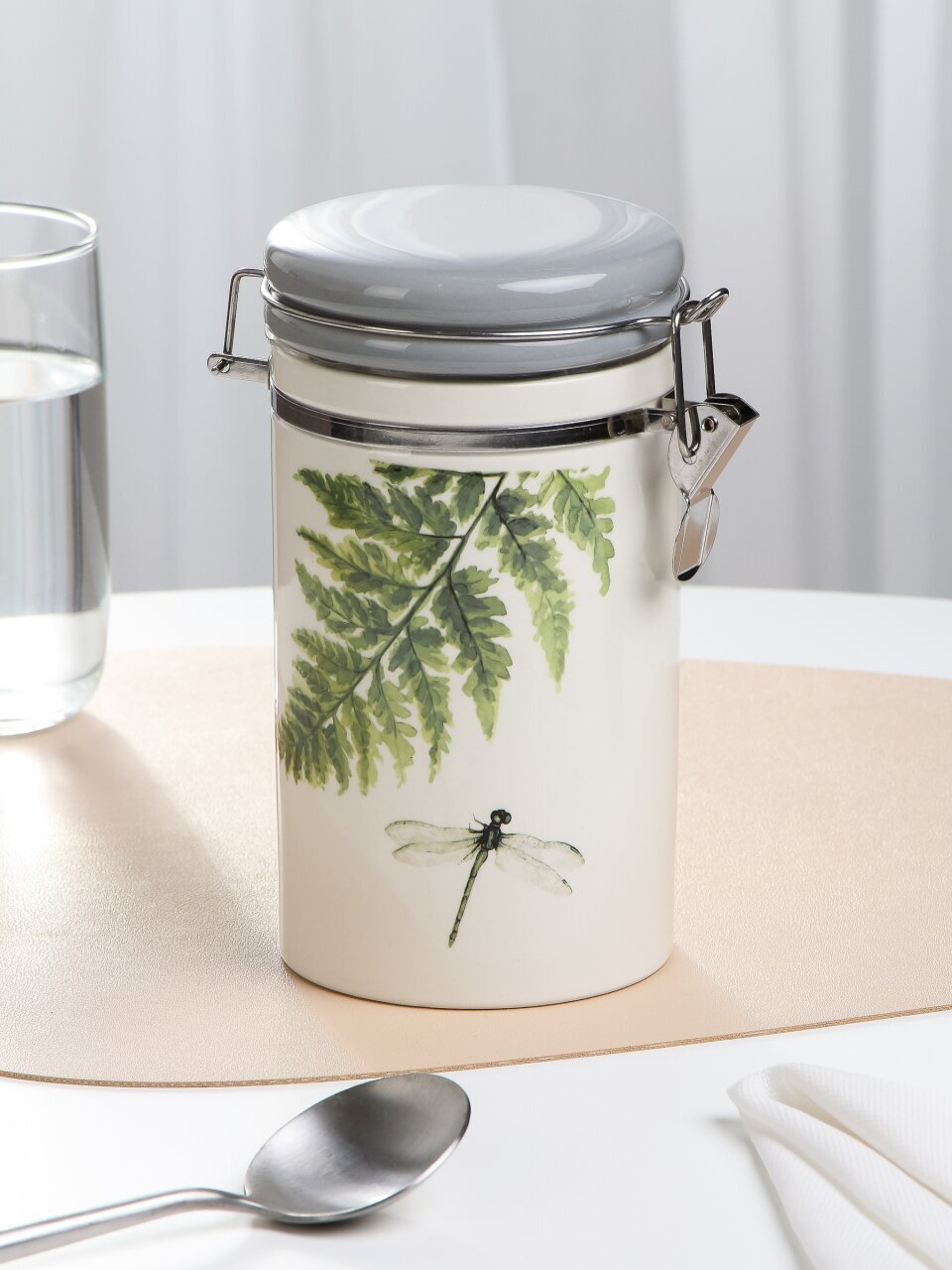 Банка для сыпучих продуктов, керамика, 0.8 л, 9.5х9.5х18 см, с крышкой, с бугельным замком, Prima Collection, Дикий папоротник