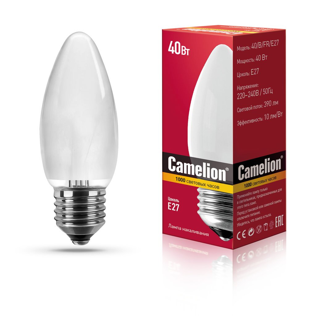 Лампа накаливания с матовой колбой, свеча MIC Camelion 40/B/FR/E27