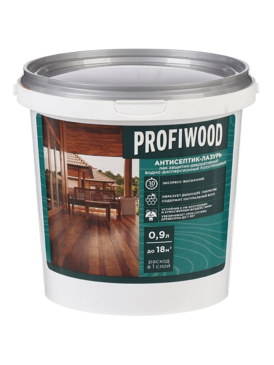 Антисептик Profiwood, декоративный, лазурь, атмосферостойкий водно-дисперсионная, бесцветный, 0.9 кг