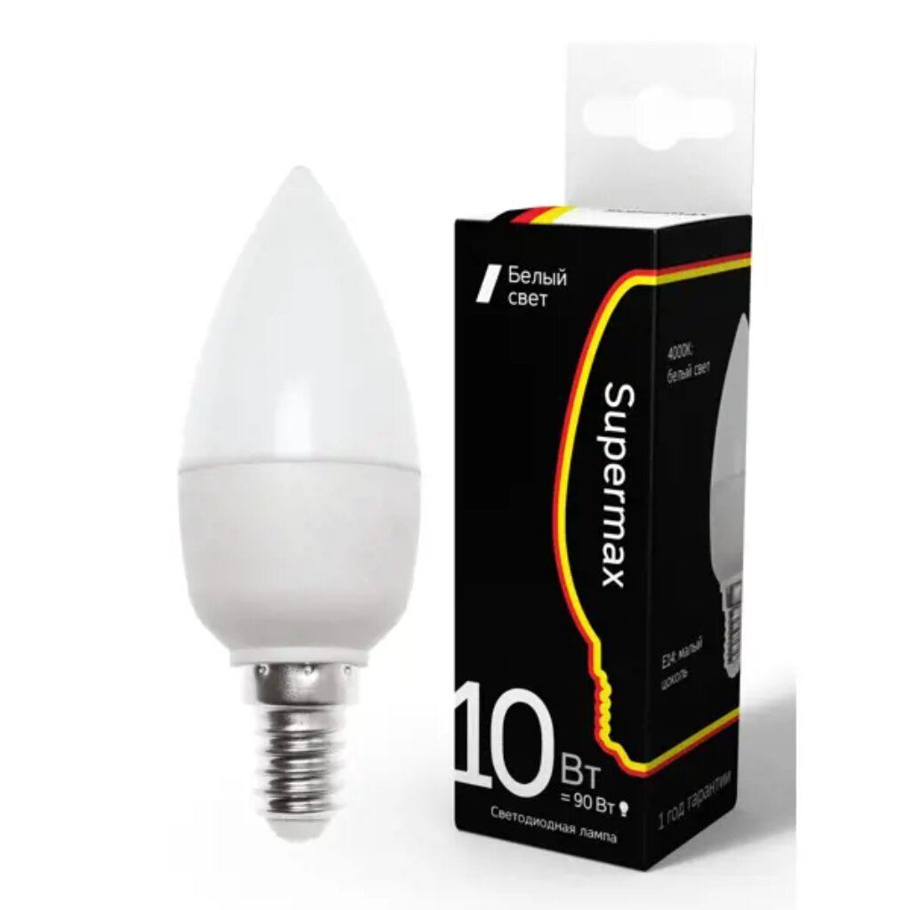Лампа светодиодная E14, 10 Вт, 90 Вт, свеча, 4000 К, свет нейтральный белый, Supermax